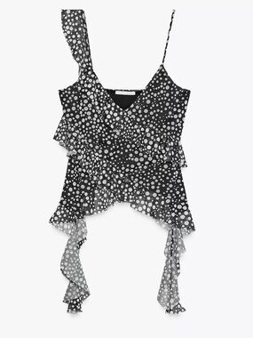 Zara Black and White Polka Dot Ruffle Cami Top